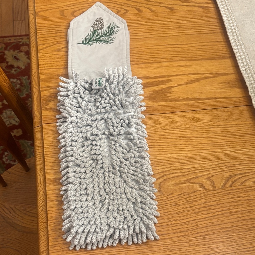 Norwex Light Gray Chenille Hand Towel with Pinecone Embroidery